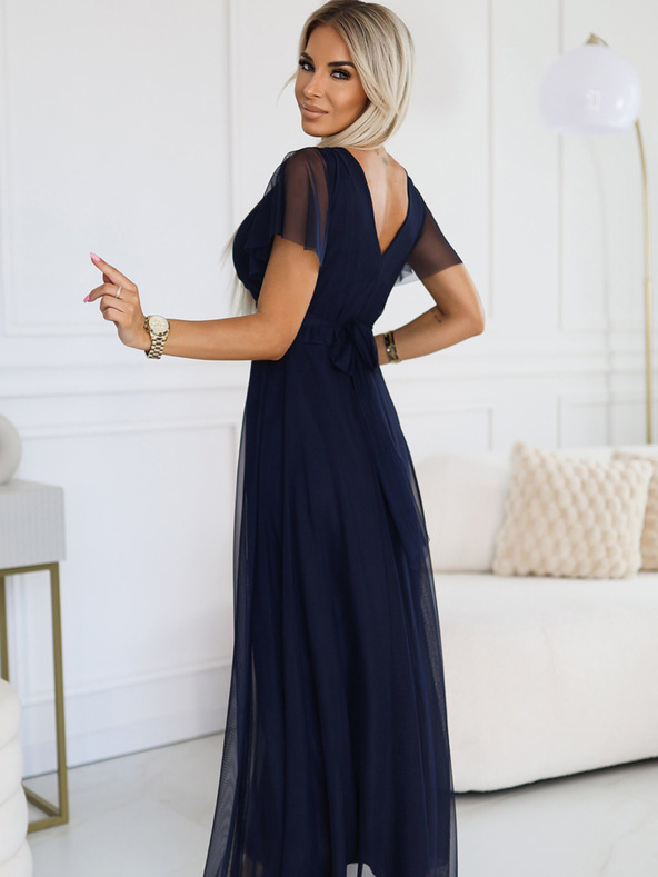 numoco NASTIA Dlhé šaty s výstrihom a krátkymi rukávmi - tmavomodré Numoco