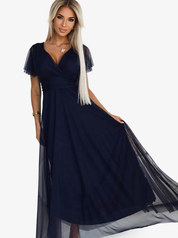 numoco NASTIA Dlhé šaty s výstrihom a krátkymi rukávmi - tmavomodré Numoco