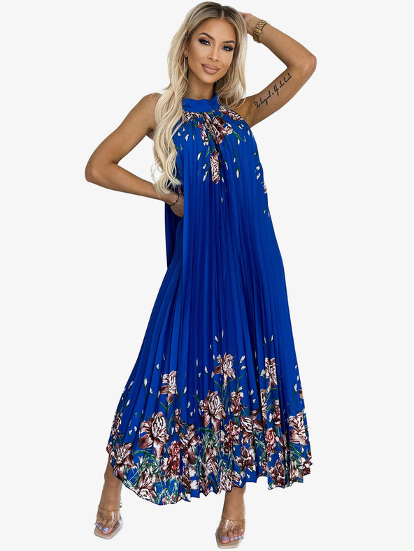 numoco Plisované saténové maxi šaty - modré s kvetmi Numoco ESTER
