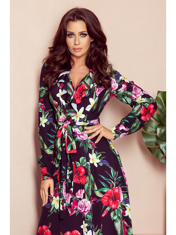 numoco Čierne dámske dlhé kvetinové šaty s volánovým výstrihom Numoco