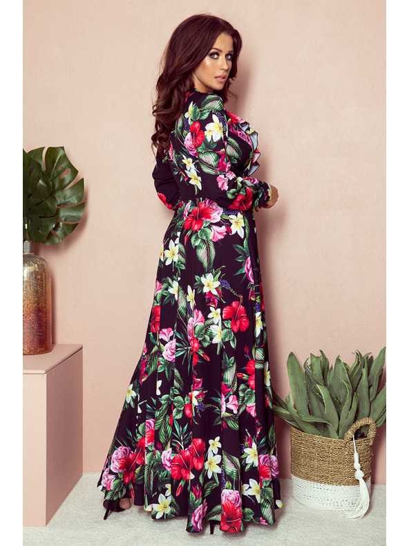 numoco Čierne dámske dlhé kvetinové šaty s volánovým výstrihom Numoco