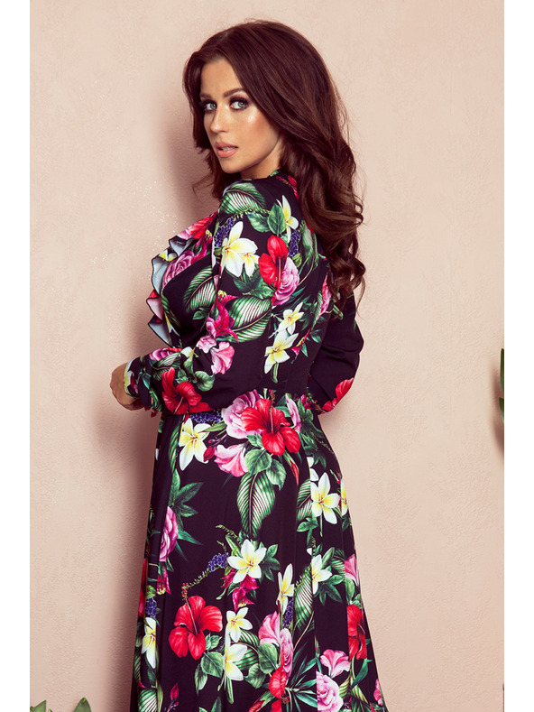 numoco Čierne dámske dlhé kvetinové šaty s volánovým výstrihom Numoco