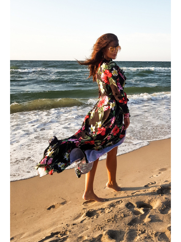 numoco Čierne dámske dlhé kvetinové šaty s volánovým výstrihom Numoco