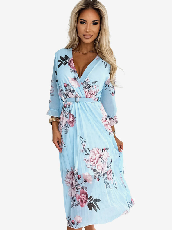 numoco Plisované midi šaty s výstrihom a opaskom - ruža na modrom pozadí Numoco YUNA