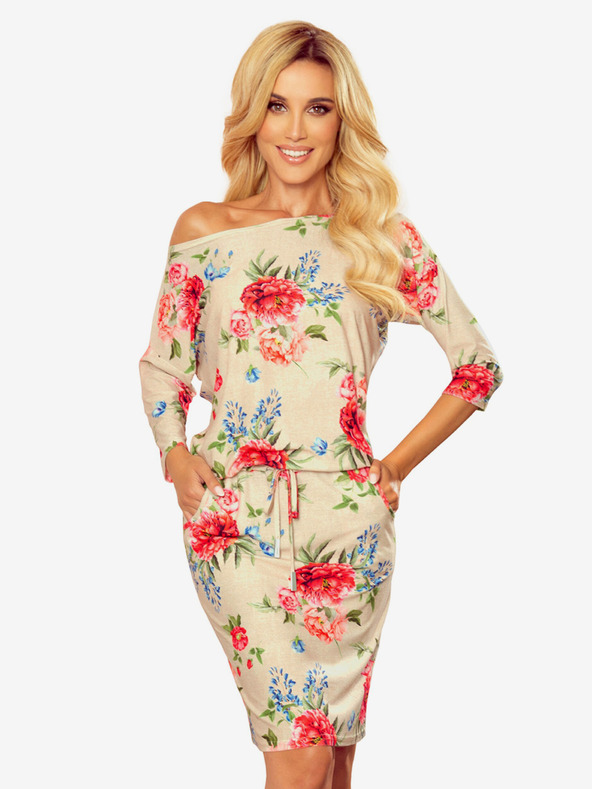 numoco Športové šaty s vreckami - béžové plátno + červené kvety Numoco