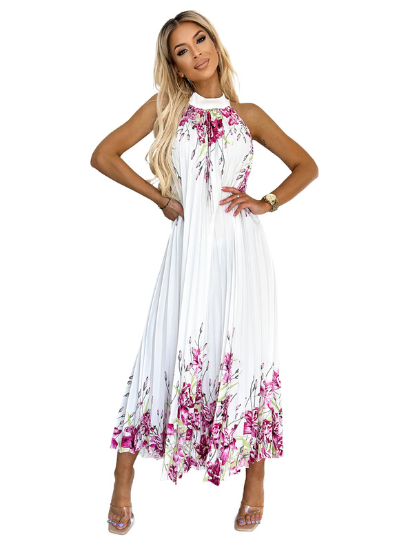 numoco Plisované saténové maxi šaty - biele s ružovými kvetmi Numoco ESTER