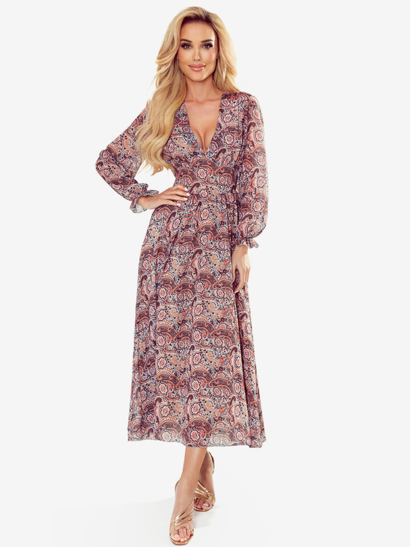 numoco Šifónové midi šaty - hnedý boho vzor Numoco