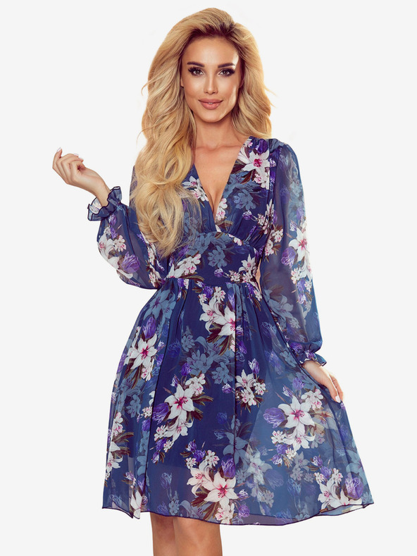 numoco Šifónové šaty s výstrihom - tmavomodré s kvetmi Numoco FRANCES