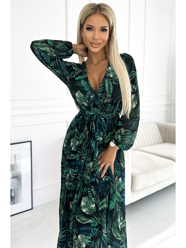 numoco Plisované šifónové dlhé šaty s výstrihom, dlhými rukávmi a opaskom - zelené listy Numoco