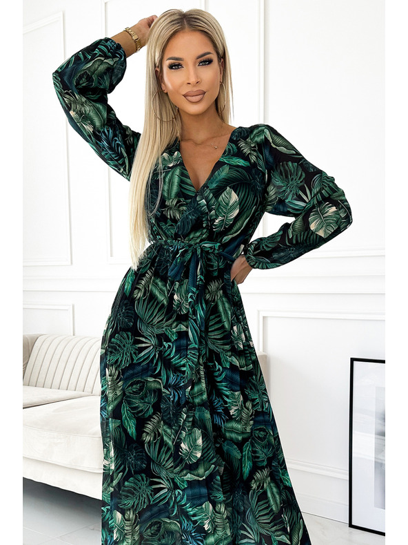 numoco Plisované šifónové dlhé šaty s výstrihom, dlhými rukávmi a opaskom - zelené listy Numoco