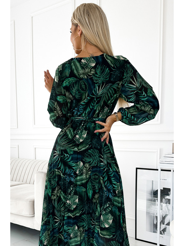 numoco Plisované šifónové dlhé šaty s výstrihom, dlhými rukávmi a opaskom - zelené listy Numoco
