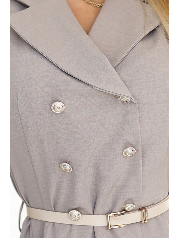 numoco Elegantné midi košeľové šaty so zlatými gombíkmi a opaskom - sivohnedé