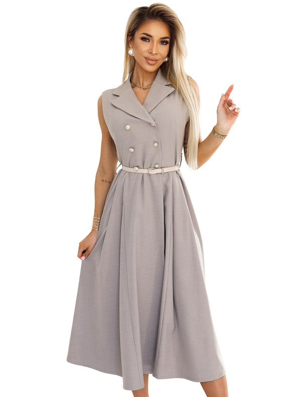 numoco Elegantné midi košeľové šaty so zlatými gombíkmi a opaskom - sivohnedé