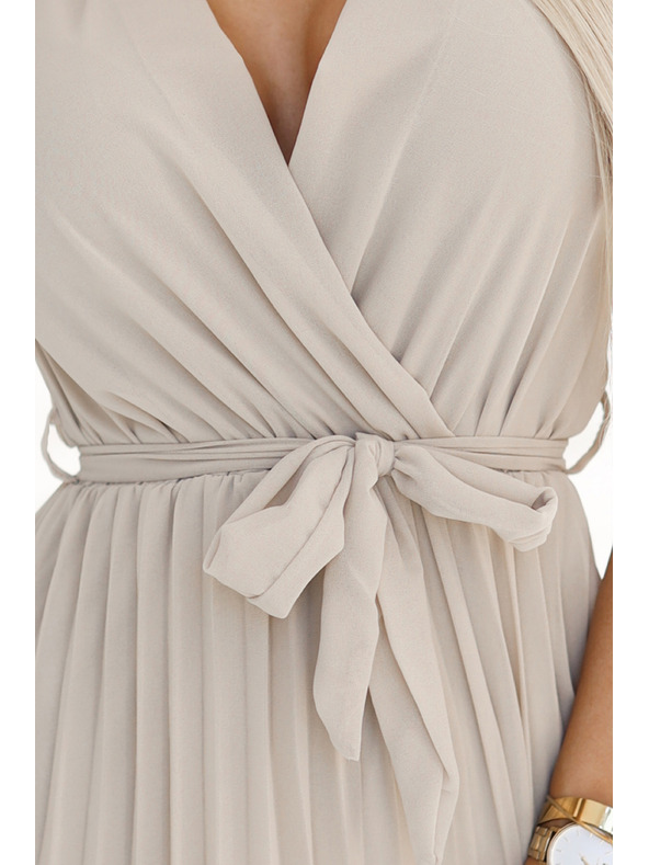 numoco Béžové dámske šifónové šaty s volánovým výstrihom Numoco