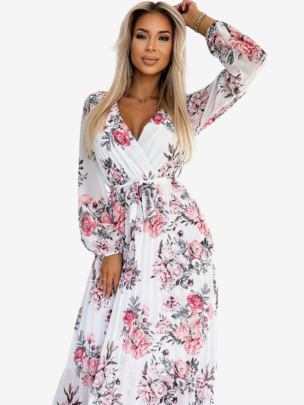 numoco Plisované midi šaty s výstrihom, dlhými rukávmi a opaskom - biele s červenými ružami Numoco GEPPI