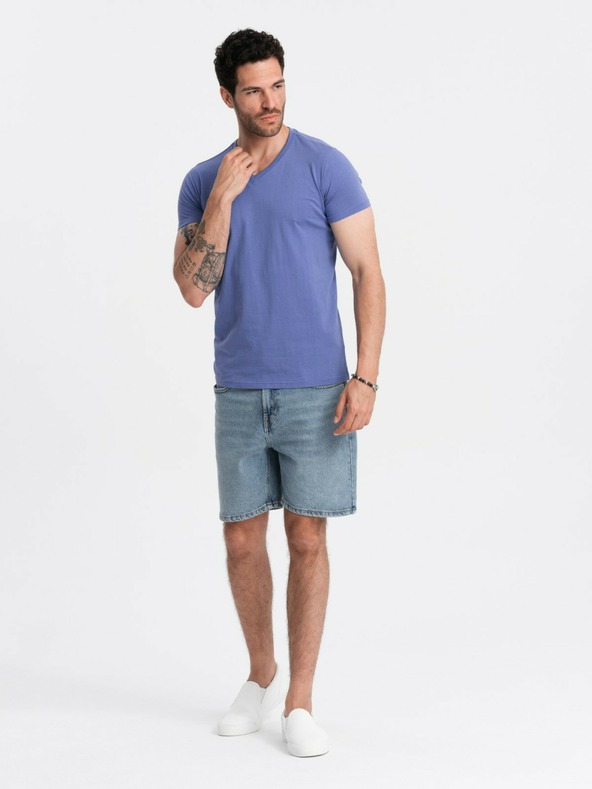 Ombre Clothing Pánske bavlnené klasické tričko BASIC s výstrihom do V - fialové V12 OM-TSBS-0145 Oblečenie Ombre