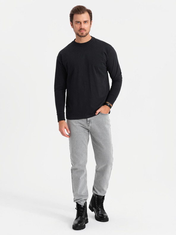 Ombre Clothing Pánske bavlnené tričko LOOSE FIT s dlhým rukávom a okrúhlym výstrihom - čierne V1 OM-LSBC-0129 Ombre Clothing