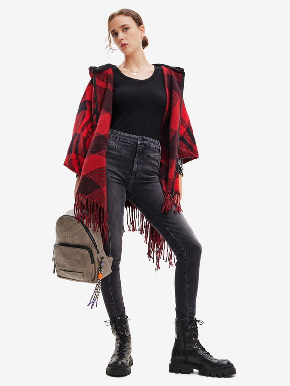 Desigual Čierno-červené dámske kockované pončo Desigual Checkys Arenal/Zipper
