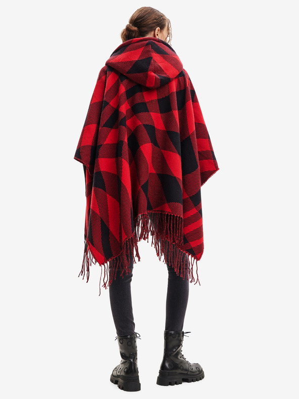 Desigual Čierno-červené dámske kockované pončo Desigual Checkys Arenal/Zipper