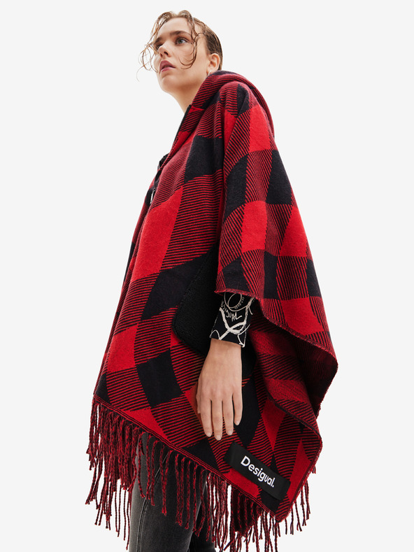 Desigual Čierno-červené dámske kockované pončo Desigual Checkys Arenal/Zipper