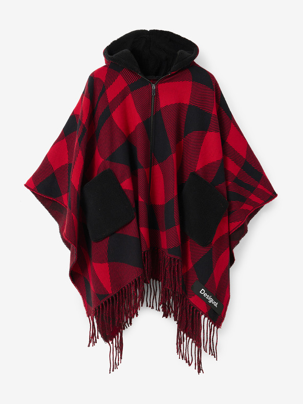 Desigual Čierno-červené dámske kockované pončo Desigual Checkys Arenal/Zipper