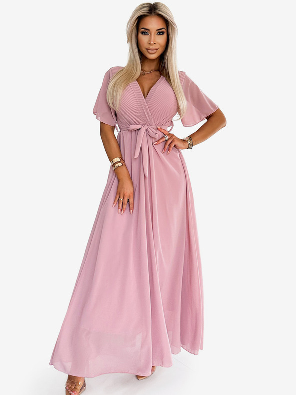 numoco Dlhé šaty s riaseným výstrihom a zaväzovaním - púdrovo ružové Numoco