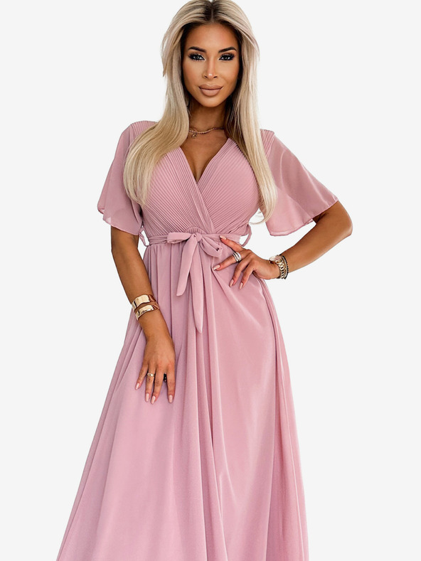 numoco Dlhé šaty s riaseným výstrihom a zaväzovaním - púdrovo ružové Numoco