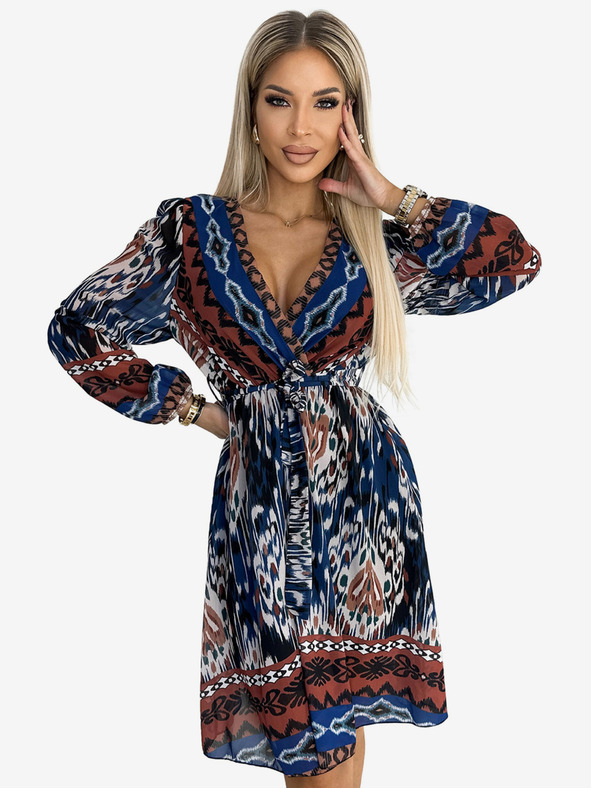 numoco Šifónové šaty s dlhým rukávom, výstrihom a dlhými rukávmi - indiánsky vzor Numoco
