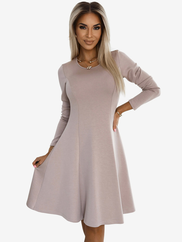 numoco Pohodlné trapézové šaty s dlhými rukávmi - béžové Numoco