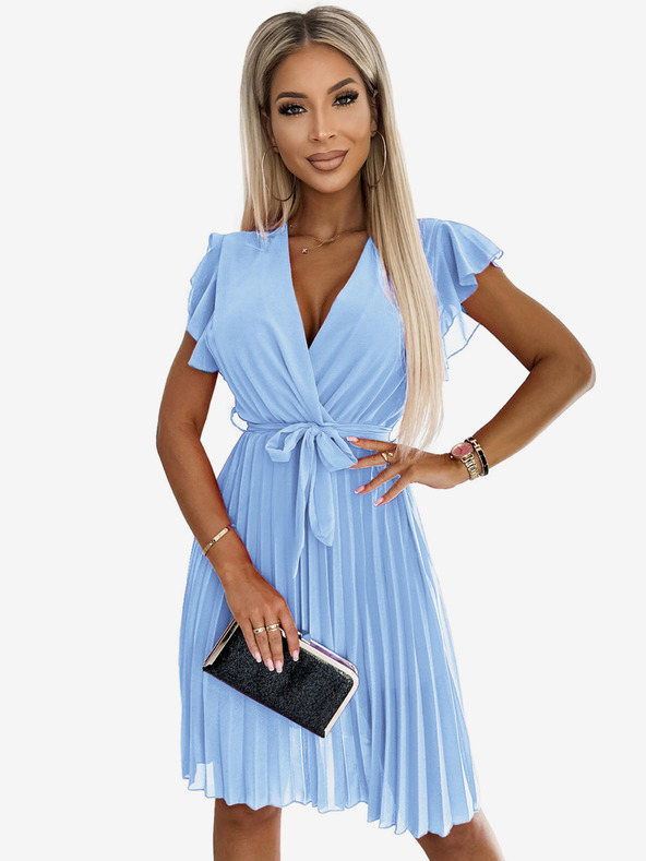 numoco Šifónové riasené šaty s výstrihom a volánmi - svetlo modrá Numoco