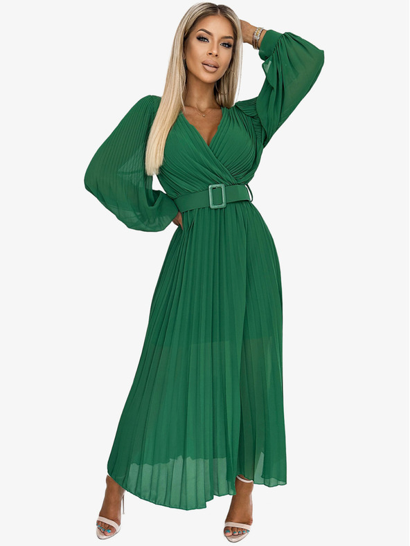 numoco 414-3 KLARA riasené šaty s opaskom a výstrihom - zelená