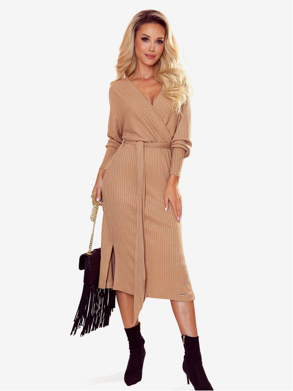 numoco Obálkové svetrové šaty so zaväzovaním - béžové pruhy Numoco