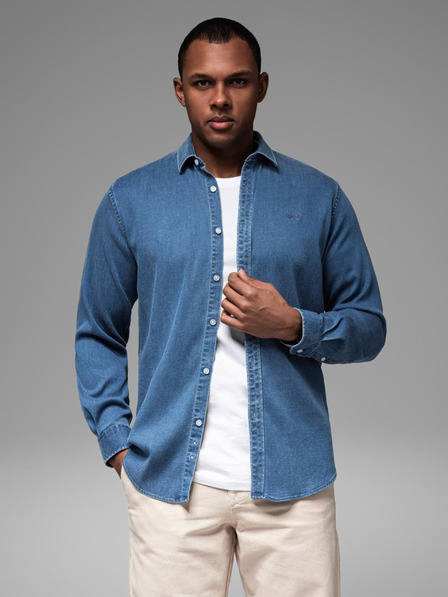 Ombre Clothing Pánska džínsová košeľa s lyocellom a výšivkou na hrudi - modrá Ombre Clothing