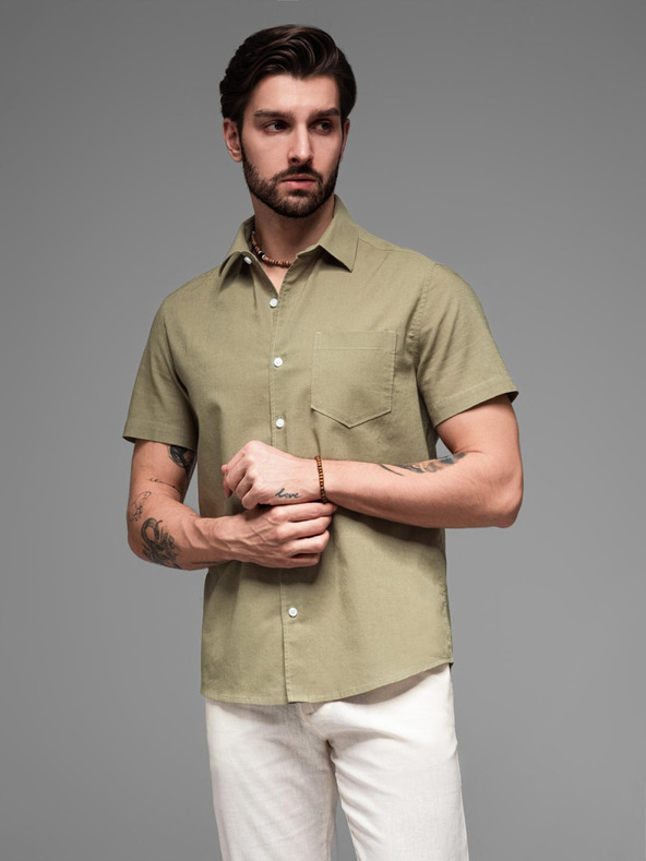 Ombre Clothing Pánska košeľa s krátkym rukávom a kubánskym golierom khaki Oblečenie Ombre