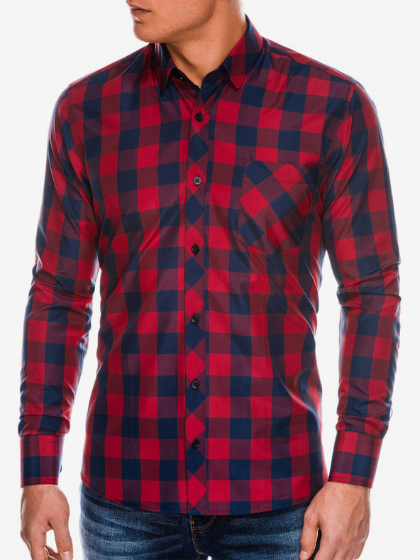 Ombre Clothing Pánska kockovaná košeľa s dlhým rukávom K282 - červená/námorná modrá