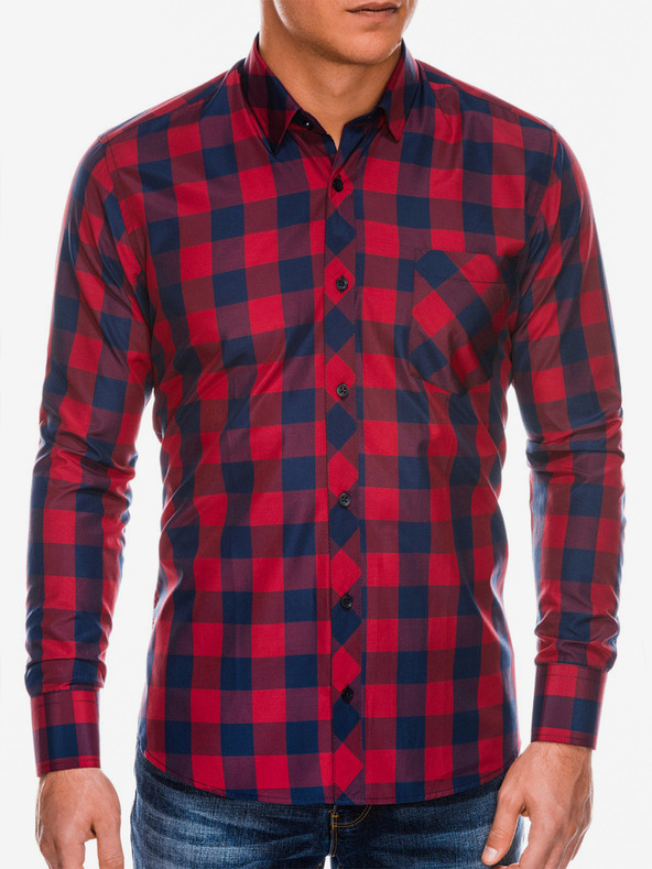 Ombre Clothing Pánska kockovaná košeľa s dlhým rukávom K282 - červená/námorná modrá