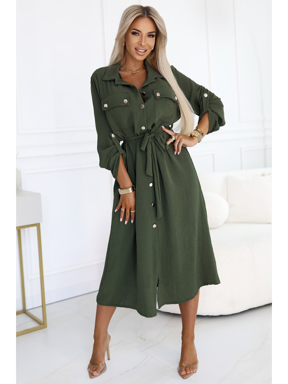 numoco 531-5 Midi košeľové šaty so zlatými gombíkmi a kravatou - KHAKI