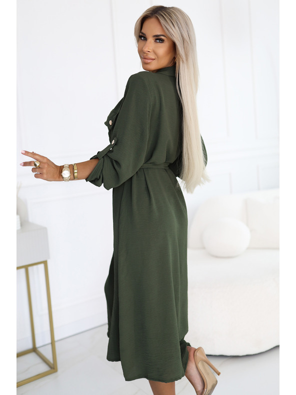 numoco 531-5 Midi košeľové šaty so zlatými gombíkmi a kravatou - KHAKI