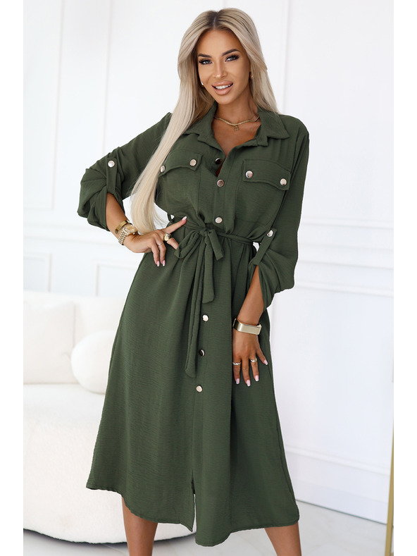 numoco 531-5 Midi košeľové šaty so zlatými gombíkmi a kravatou - KHAKI