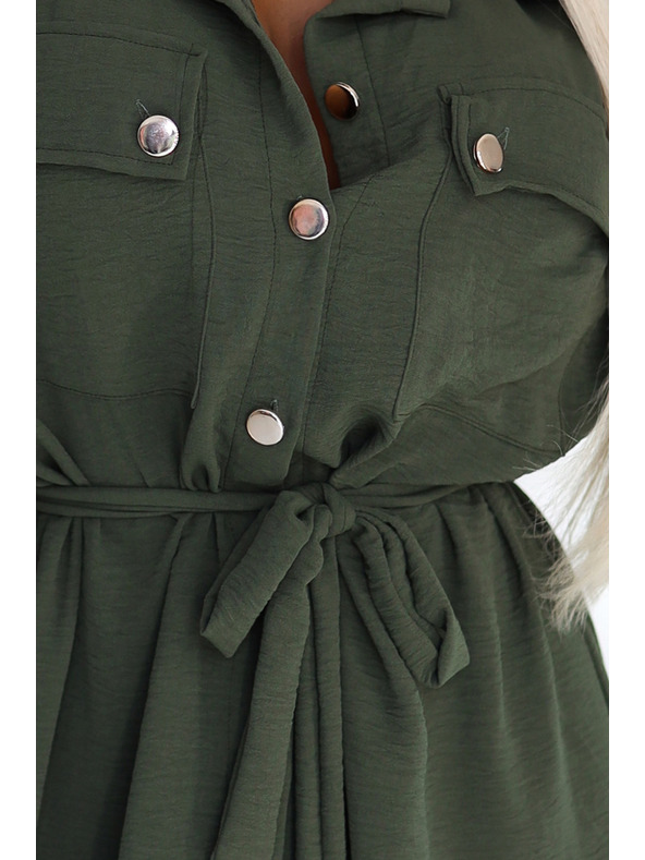 numoco 531-5 Midi košeľové šaty so zlatými gombíkmi a kravatou - KHAKI
