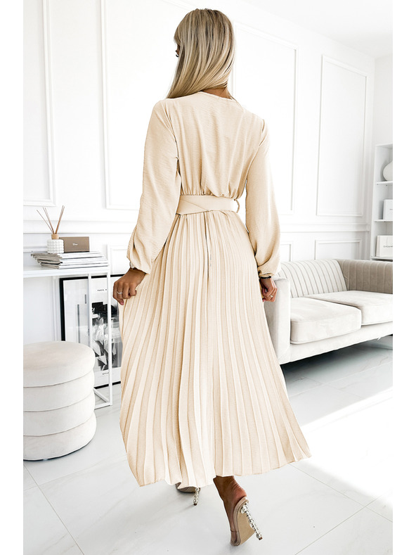 numoco 504-7 VIVIANA Plisované midi šaty s véčkovým výstrihom, dlhým rukávom a širokým pásom - svetlo béžová