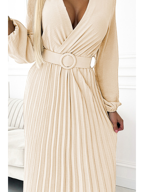 numoco 504-7 VIVIANA Plisované midi šaty s véčkovým výstrihom, dlhým rukávom a širokým pásom - svetlo béžová