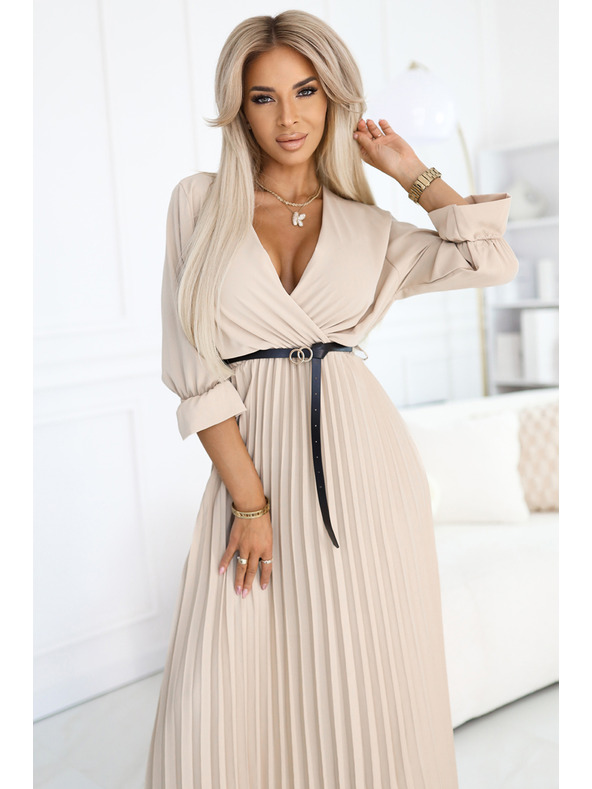 numoco 462-5 SERENA Plisované maxi šaty s výstrihom, páskom a 3/4 rukávmi - TMAVO BÉŽOVÉ