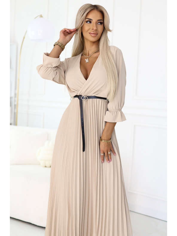numoco 462-5 SERENA Plisované maxi šaty s výstrihom, páskom a 3/4 rukávmi - TMAVO BÉŽOVÉ