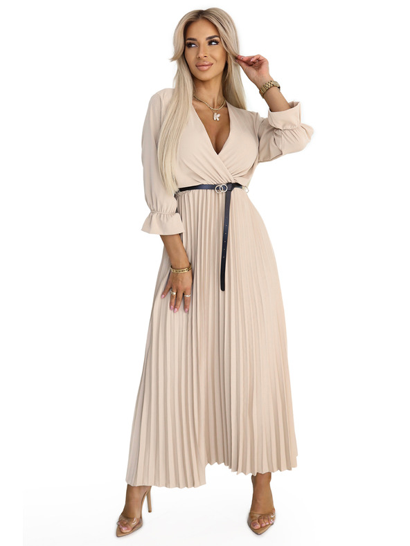 numoco 462-5 SERENA Plisované maxi šaty s výstrihom, páskom a 3/4 rukávmi - TMAVO BÉŽOVÉ