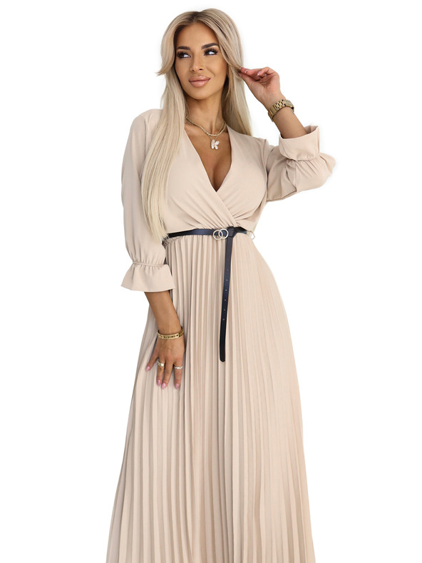 numoco 462-5 SERENA Plisované maxi šaty s výstrihom, páskom a 3/4 rukávmi - TMAVO BÉŽOVÉ