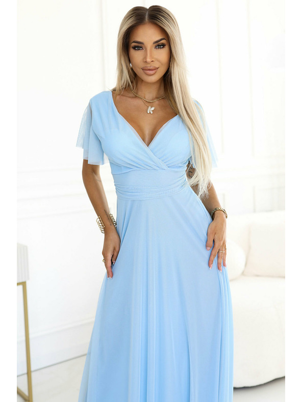 numoco 562-5 NASTIA Dlhé šaty s výstrihom a krátkym rukávom - svetlo modré