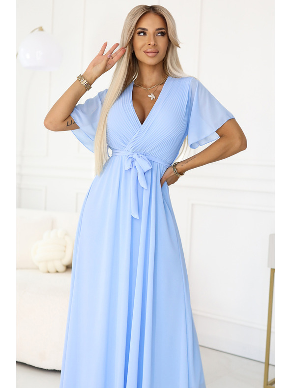 numoco 545-2 Dlhé šaty s plisovaným výstrihom a zaväzovaním - svetlomodré
