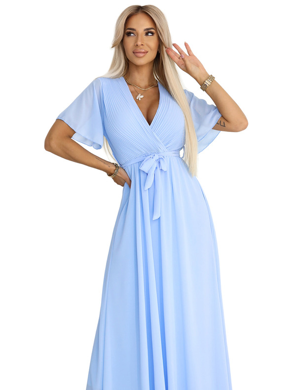 numoco 545-2 Dlhé šaty s plisovaným výstrihom a zaväzovaním - svetlomodré