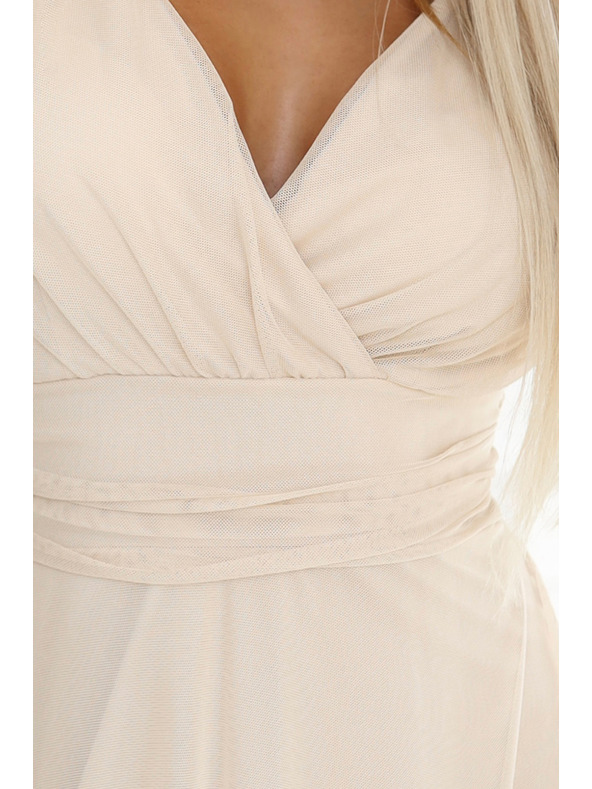 numoco 562-6 NASTIA Dlhé šaty s výstrihom a krátkym rukávom - béžové